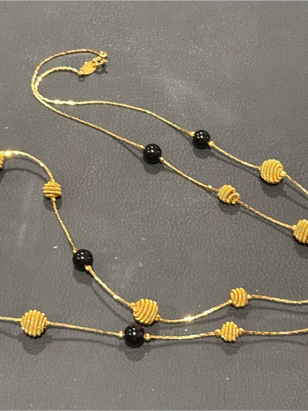 Trifari Gold and Black Bead Station Long Necklace